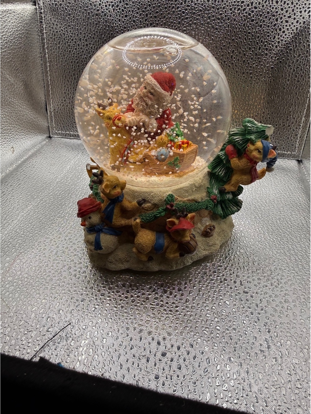 Vintage Santa Claus Snow Globe with Reindeer and Christmas Tree Decorations